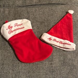 Red and White 'My First Christmas' Stocking and Hat Set